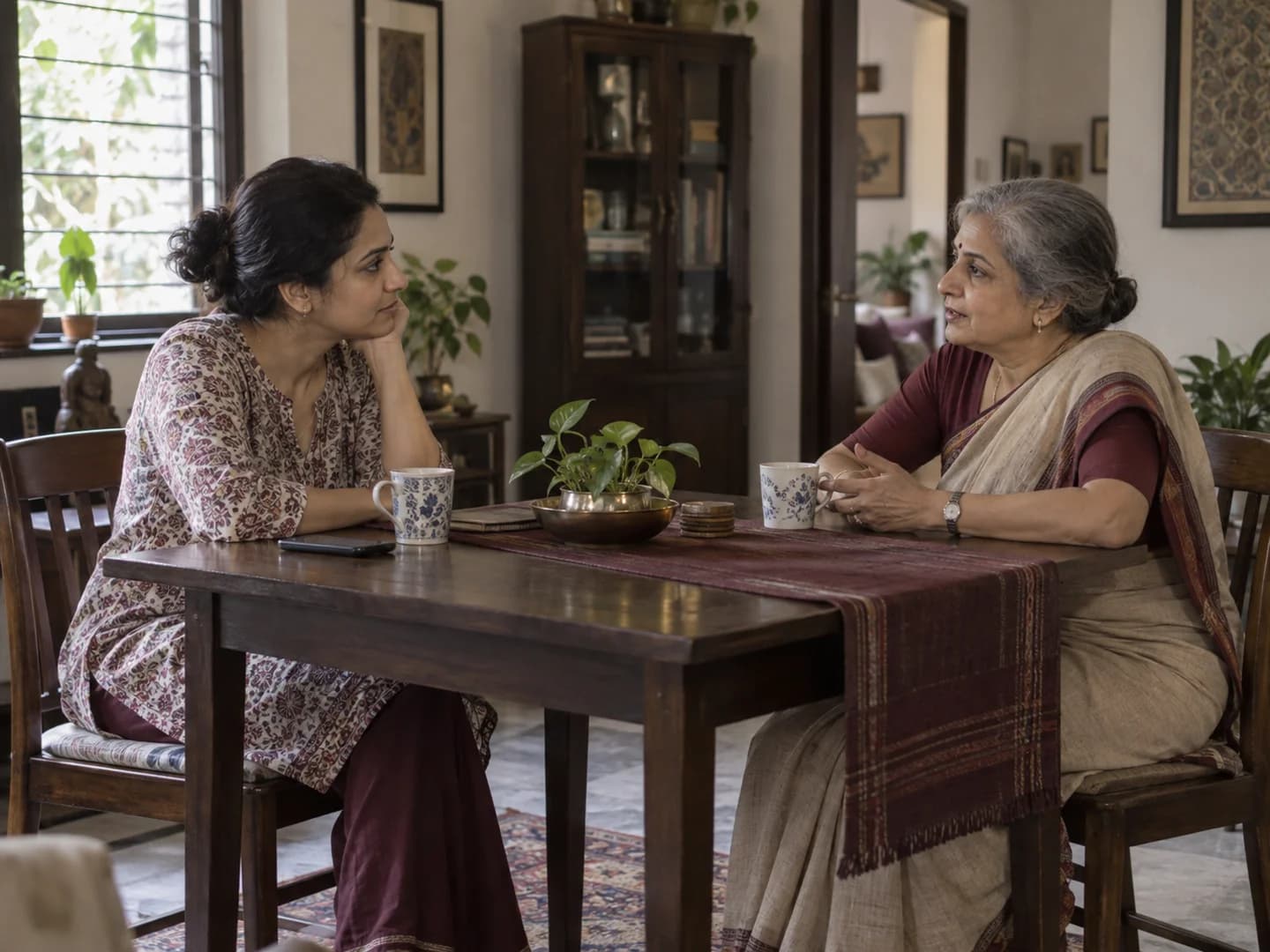Two adult women talking at a table in a sunlit home