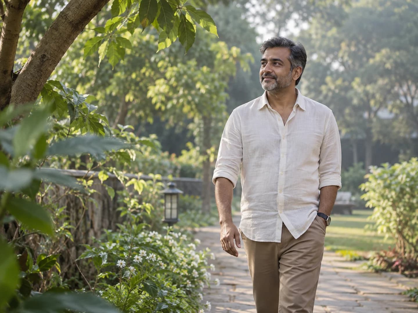 A man taking an unhurried walk along a garden path