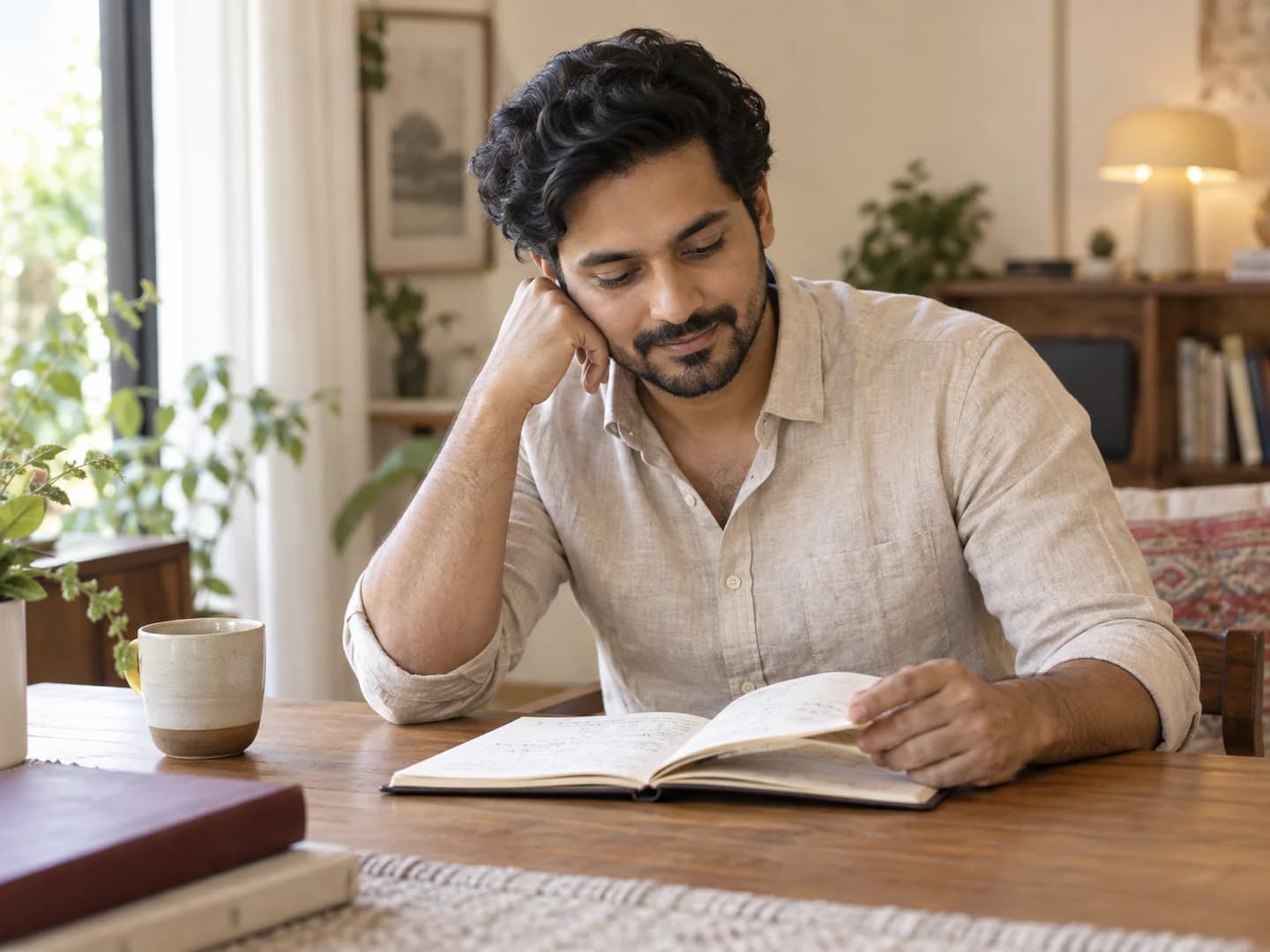 An adult reviewing a notebook at a home table