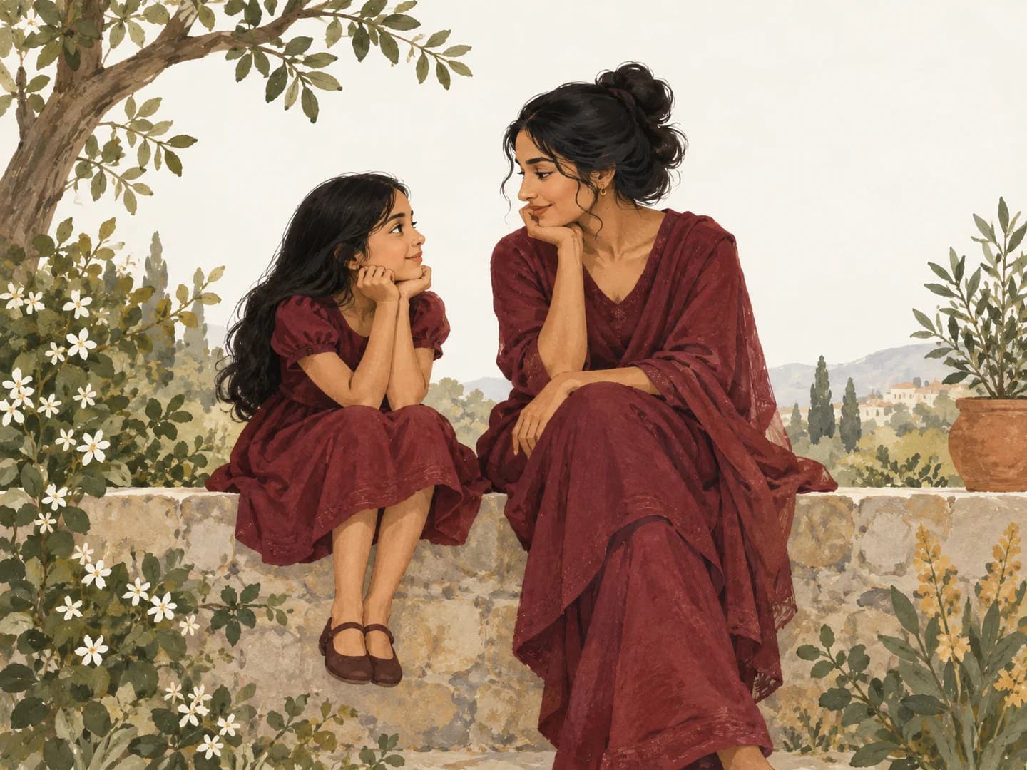 Illustration of an adult sitting companionably with her younger self