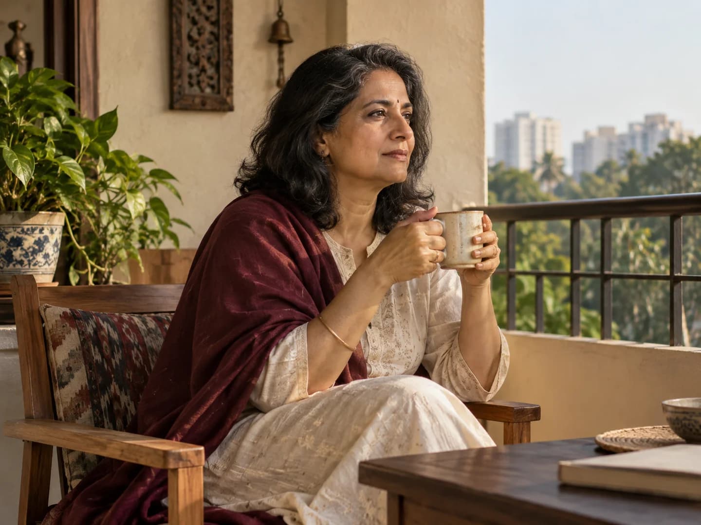 A woman enjoying a quiet moment with a cup on her balcony