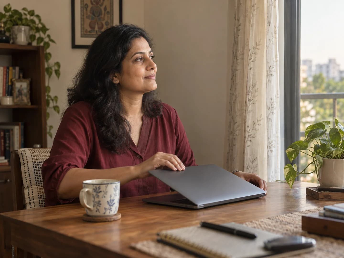 A woman closing her laptop at the end of a working day